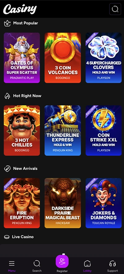 Casiny mobile account preview